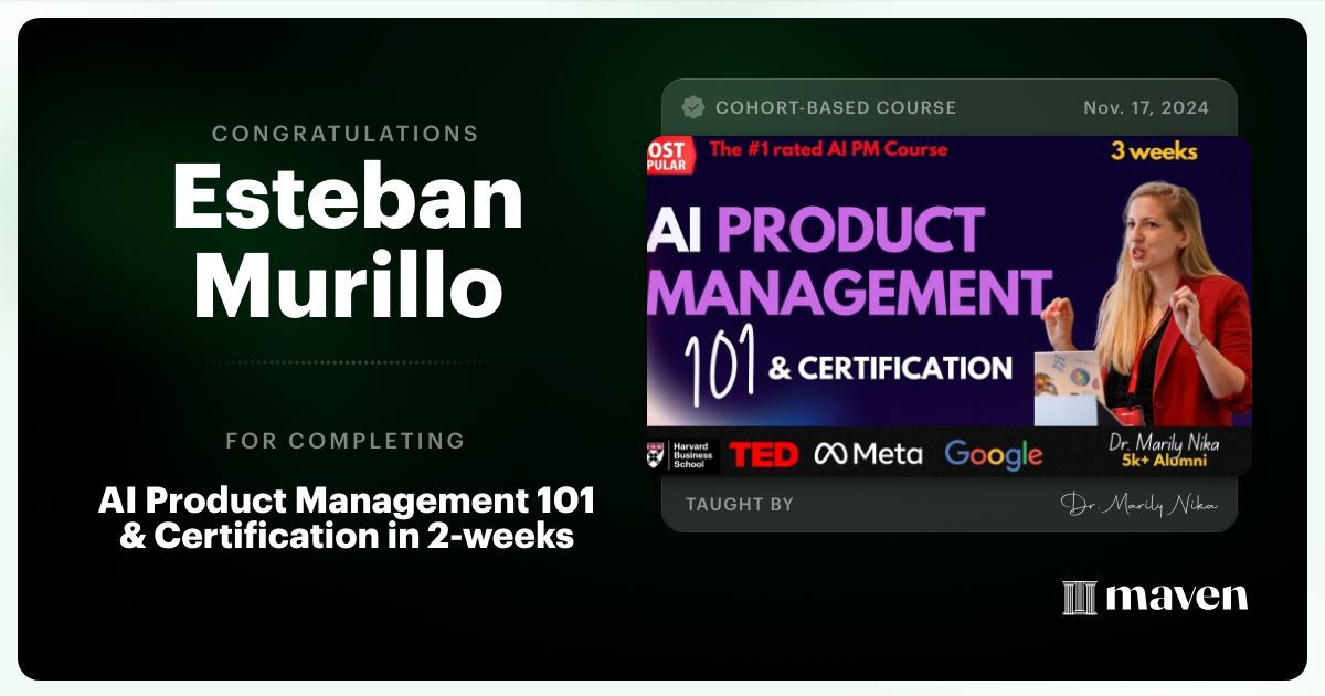 Certificate of Completion for AI Product Management 101 & Certification - Building AI Products end-to-end