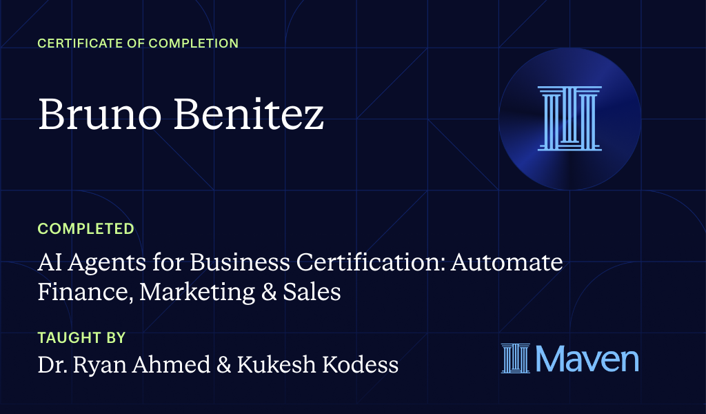 Certificate for Mastering AI Agents for Business & Finance Bootcamp & Certification
