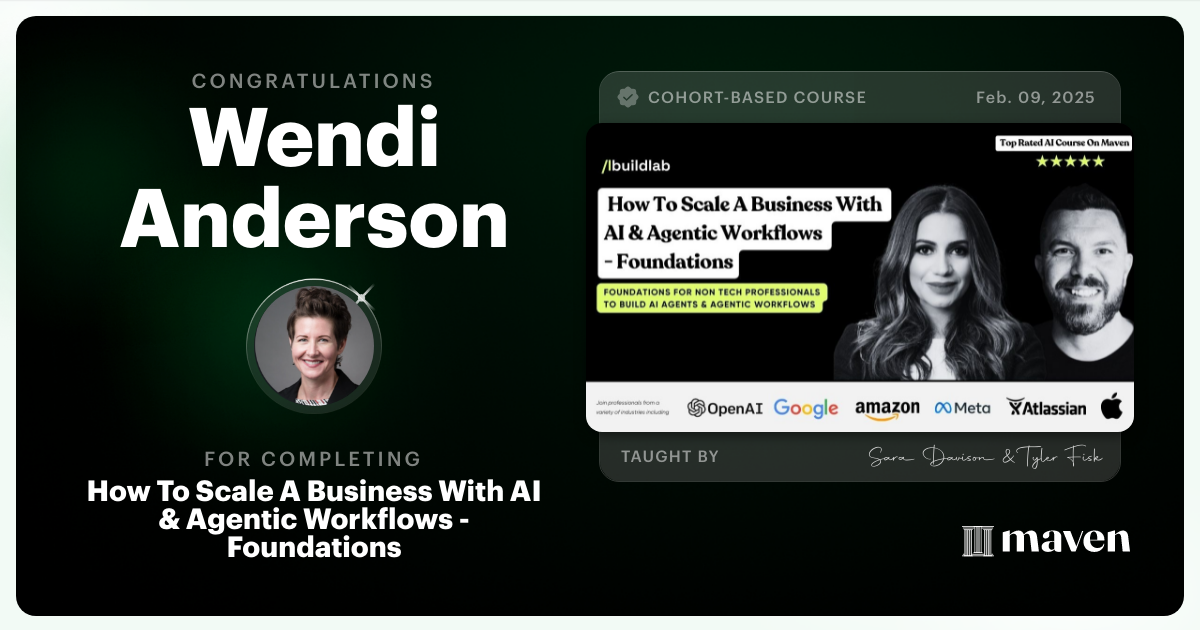 Certificate of Completion for How To Scale A Business With AI & Agentic Workflows - Foundations