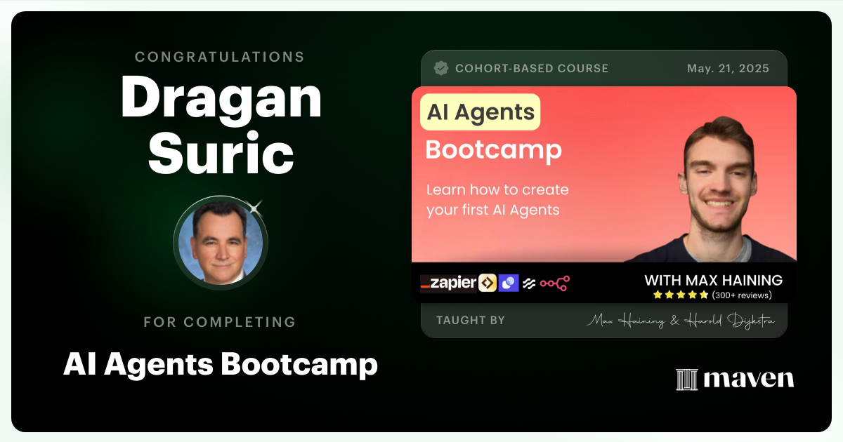 Certificate of Completion for AI Agent Builder Bootcamp