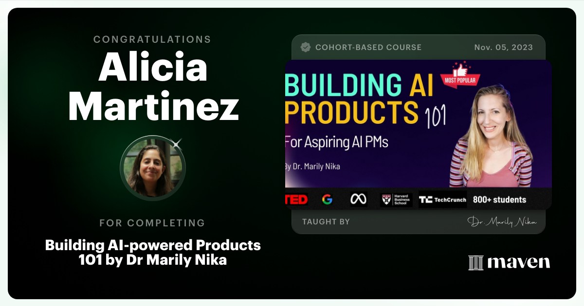 Certificate of Completion for AI Product Management 101 & Certification - Building AI Products end-to-end