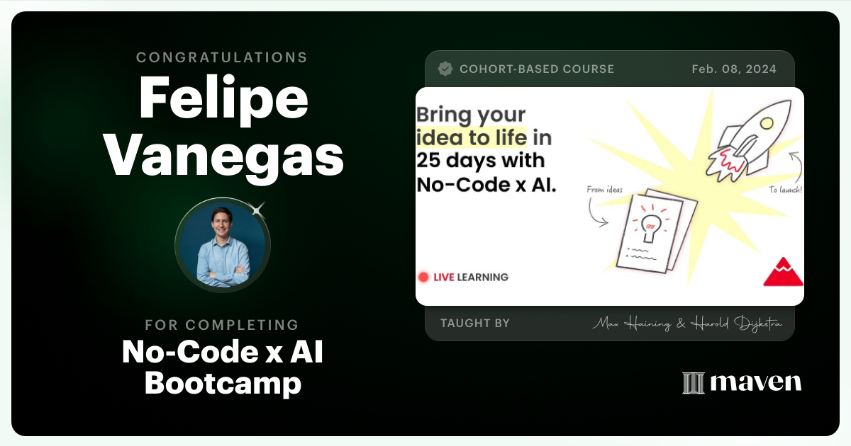 Certificate of Completion for No-Code x AI Bootcamp