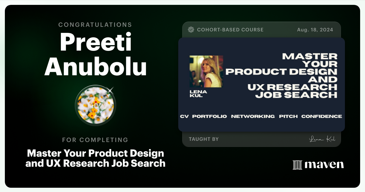 Certificate of Completion for Master Your Product Design and UX Research Job Search