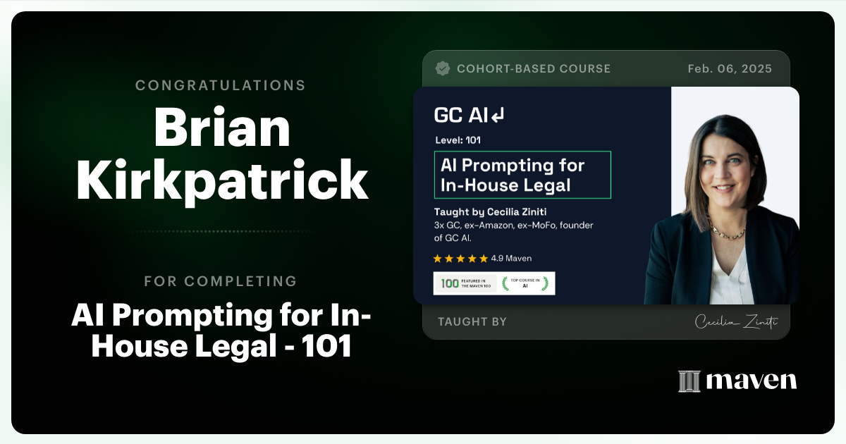 Certificate of Completion for AI Prompting for In-House Legal - 101