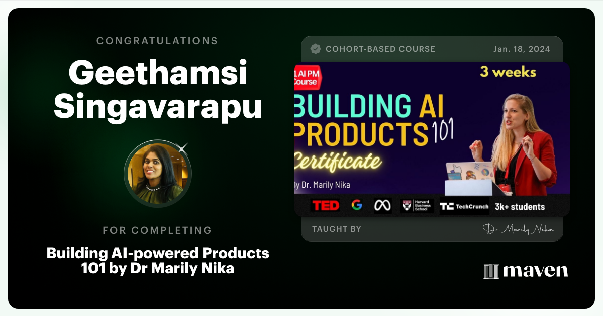 Certificate of Completion for AI Product Management 101 & Certification - Building AI Products end-to-end