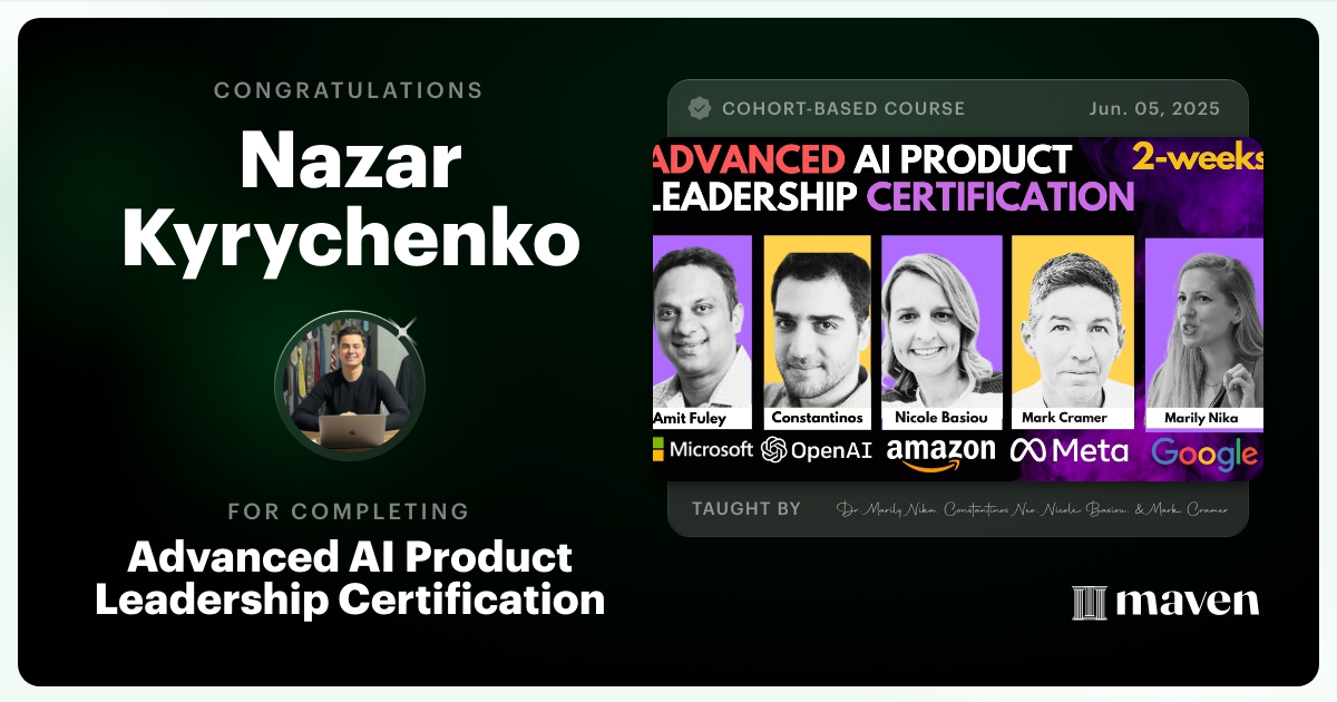 Certificate of Completion for Advanced AI Product Leadership Certification