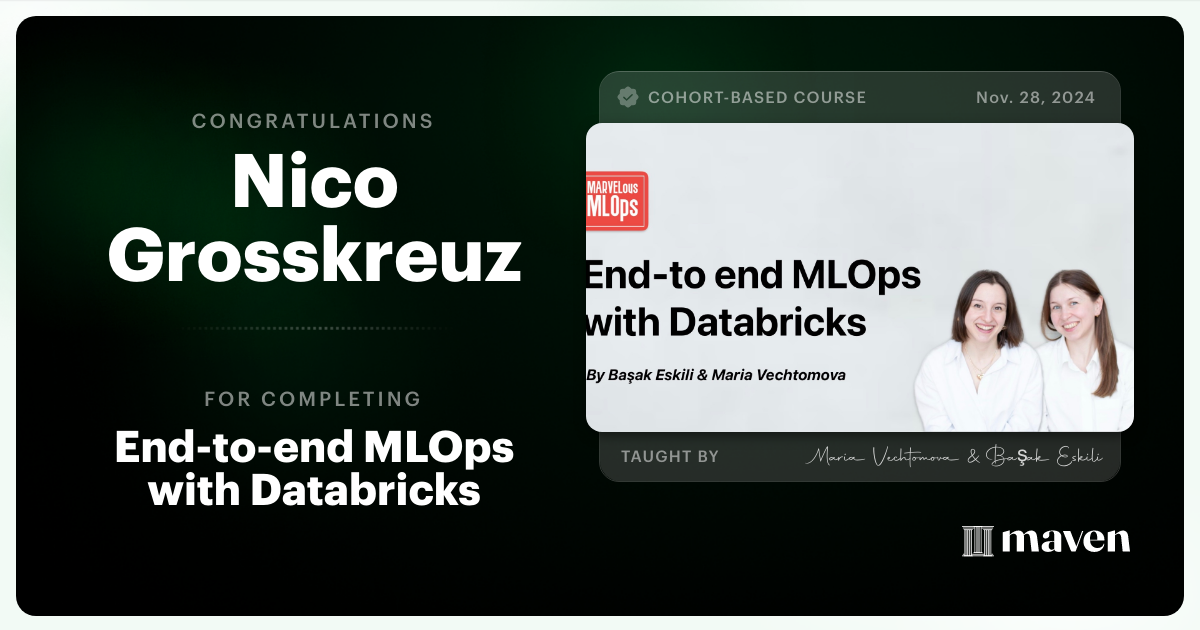 Certificate of Completion for End-to-end MLOps with Databricks