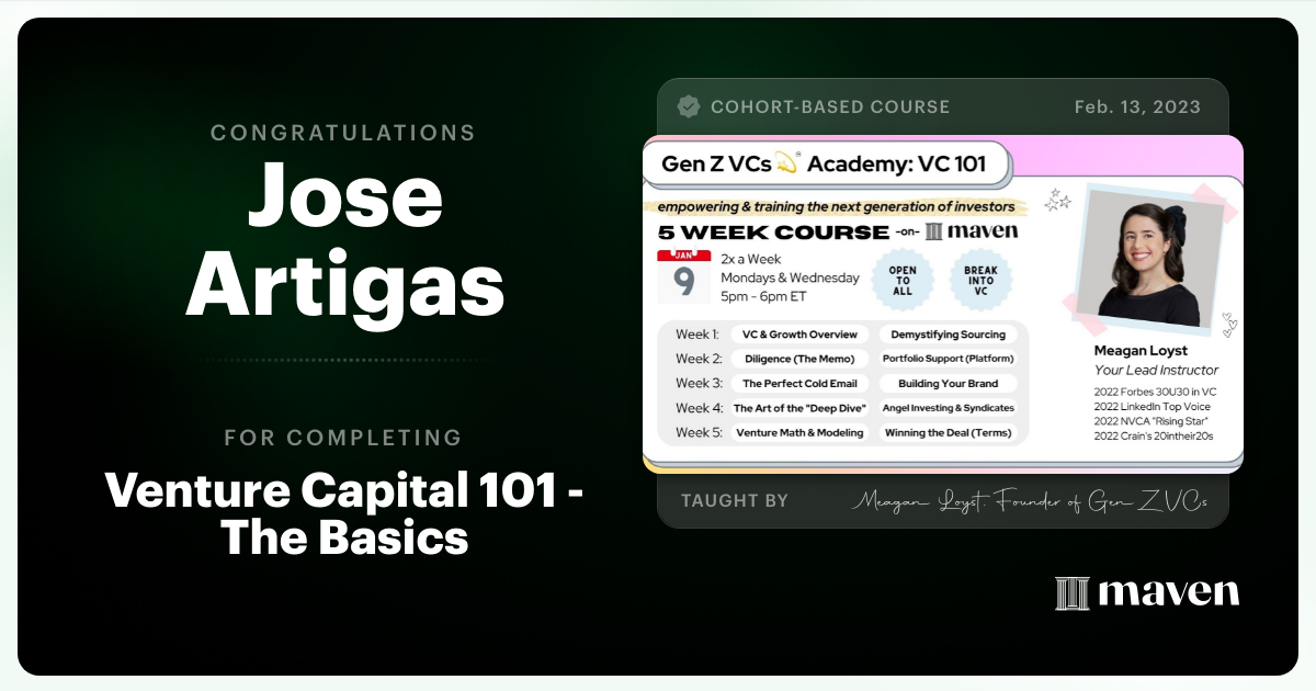 Certificate of Completion for Venture Capital 101 - The Basics