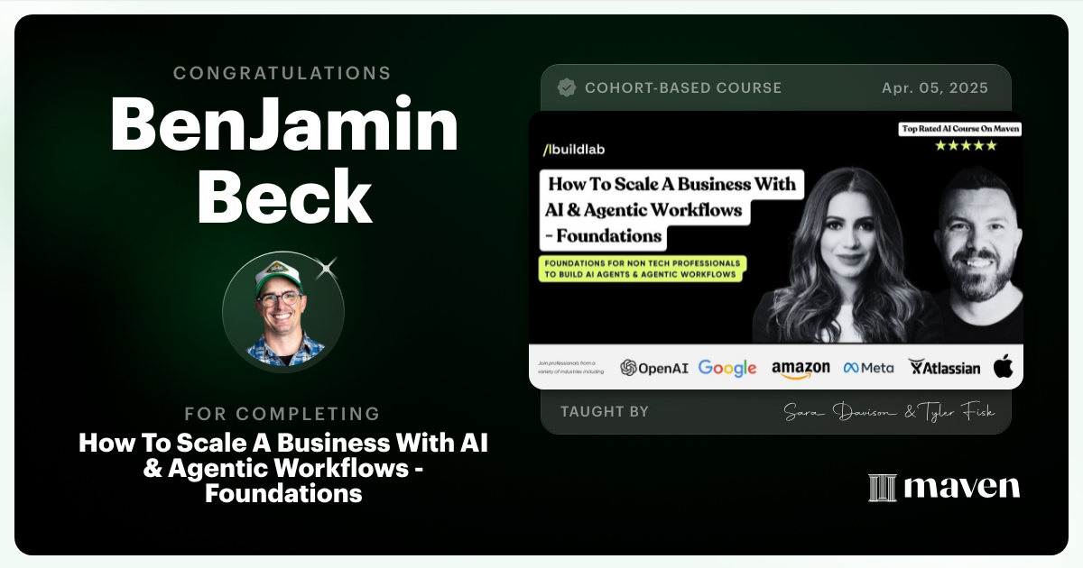 Certificate of Completion for How To Scale A Business With AI & Agentic Workflows - Foundations