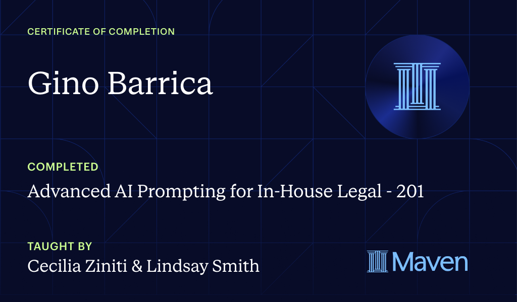 Certificate for Advanced AI Prompting for In-House Legal - 201