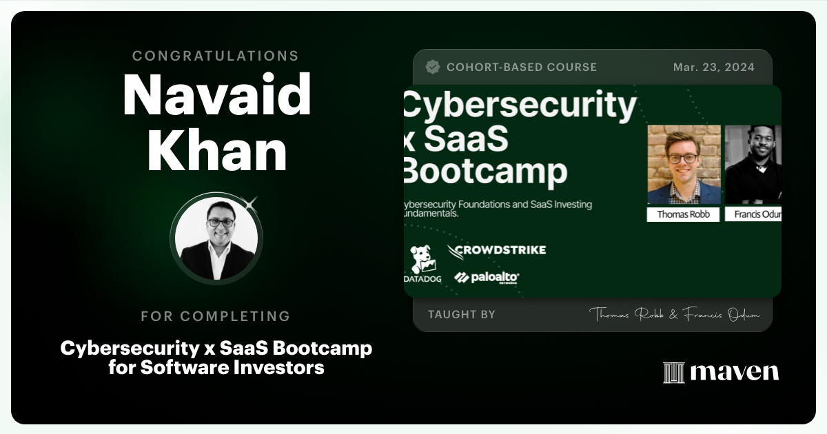 Certificate of Completion for Cybersecurity x SaaS Bootcamp for Software Investors 