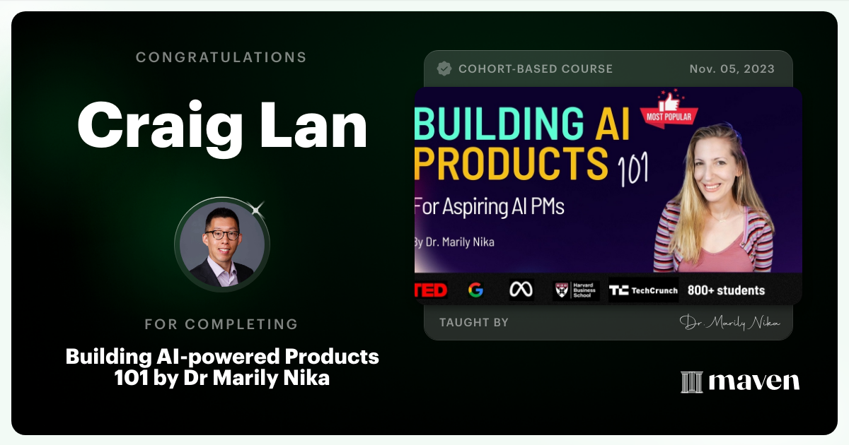 Certificate of Completion for AI Product Management 101 & Certification - Building AI Products end-to-end