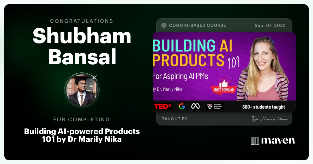 Certificate of Completion for AI Product Management 101 & Certification - Building AI Products end-to-end