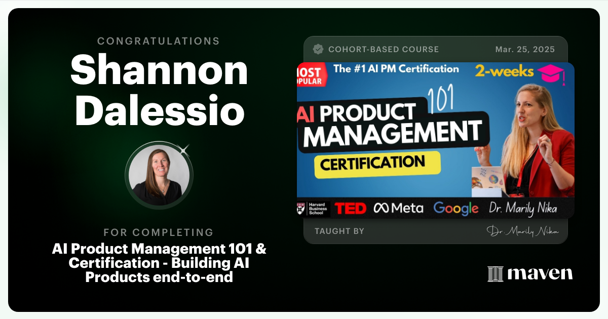 Certificate of Completion for AI Product Management 101 & Certification - Building AI Products end-to-end