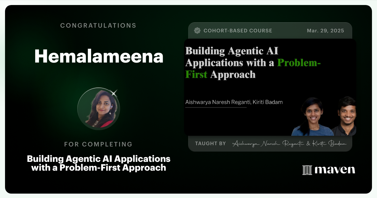 Certificate of Completion for Building Agentic AI Applications with a Problem-First Approach