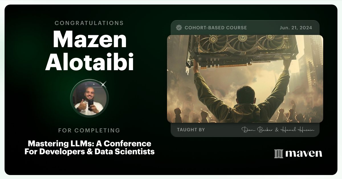 Certificate of Completion for Mastering LLMs For Developers & Data Scientists