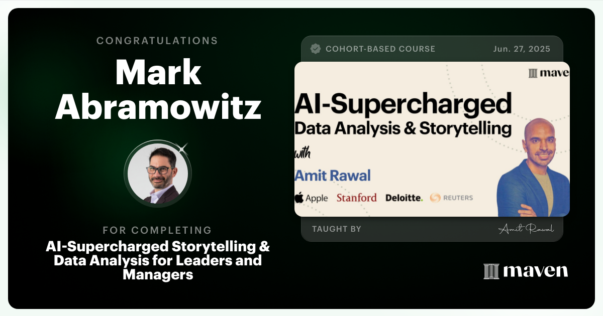 Certificate of Completion for AI-Supercharged Storytelling & Data Analysis for Leaders and Managers