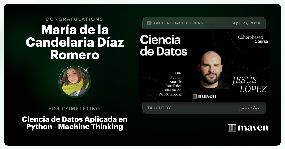 Certificate of Completion for Python Práctico: Manipular y Visualizar Tablas de Datos - REE I90 & Curvas OMIE