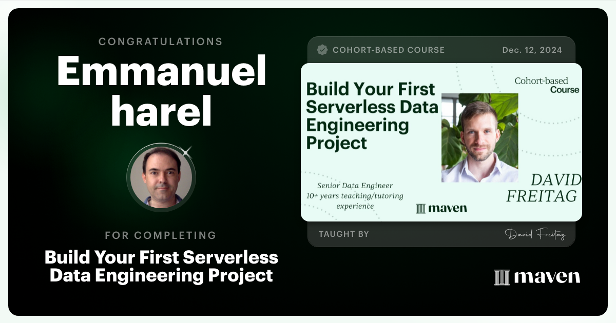 Certificate of Completion for Build Your First Serverless Data Engineering Project