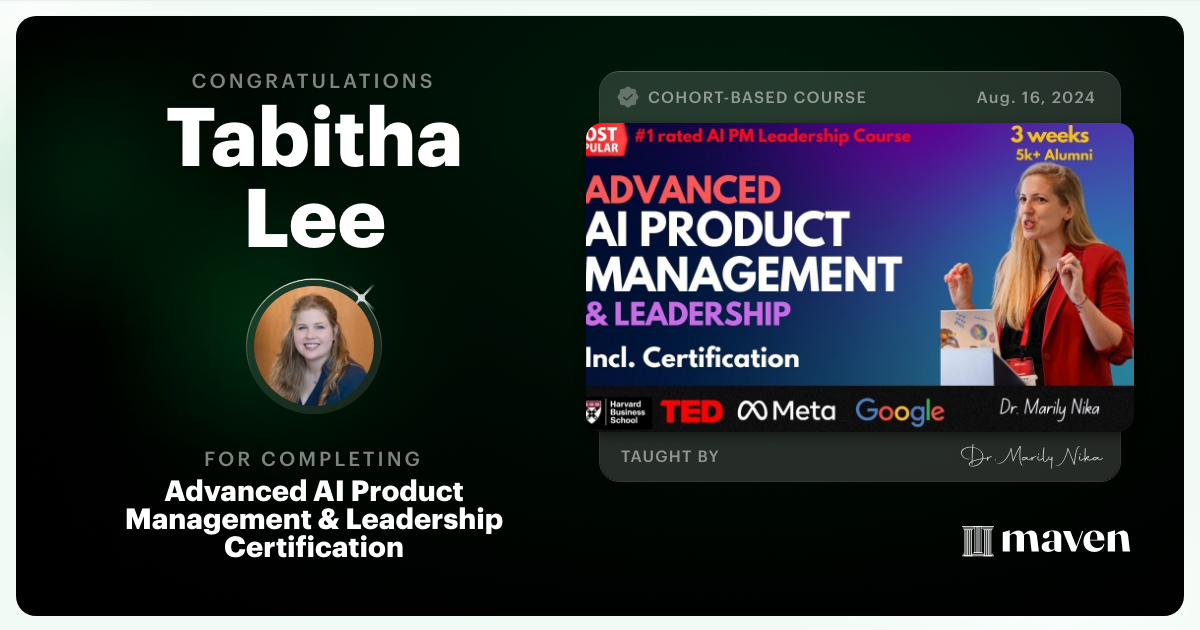 Certificate of Completion for Advanced AI Product Leadership Certification