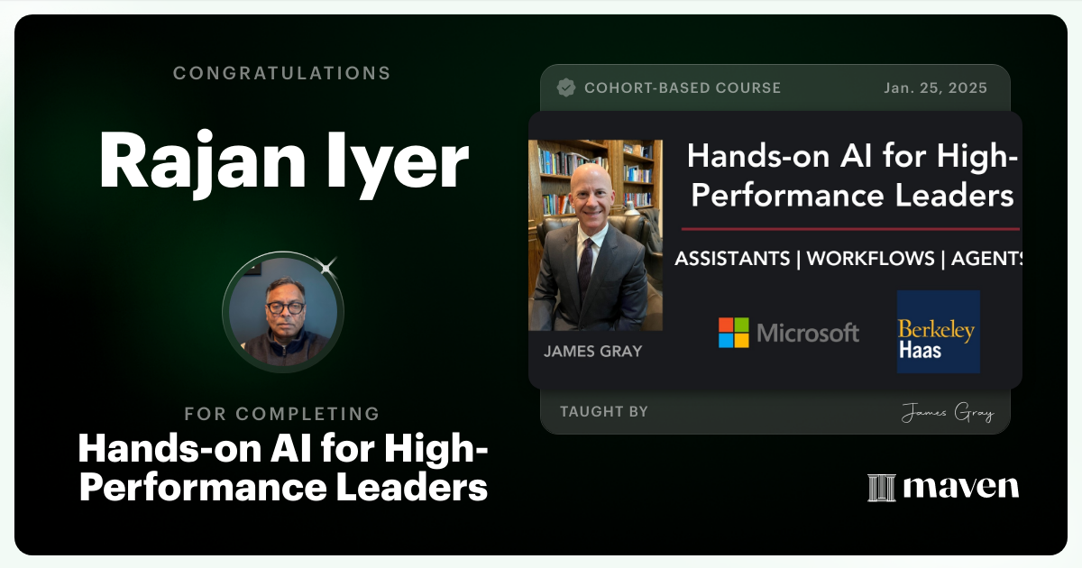 Certificate of Completion for Hands-on Agentic AI for Leaders