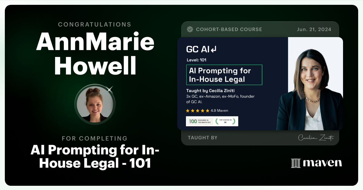 Certificate of Completion for AI Prompting for In-House Legal - 101