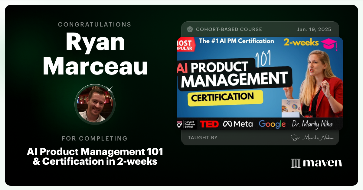 Certificate of Completion for AI Product Management 101 & Certification - Building AI Products end-to-end