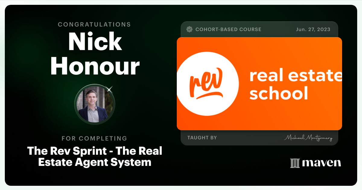 Certificate of Completion for The Rev Sprint - The Real Estate Agent Operating System