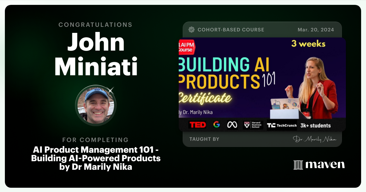 Certificate of Completion for AI Product Management 101 & Certification - Building AI Products end-to-end