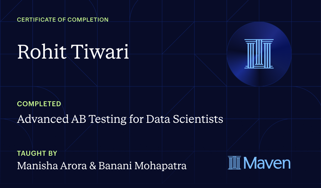 Certificate for  Advanced AB Testing for Data Scientists
