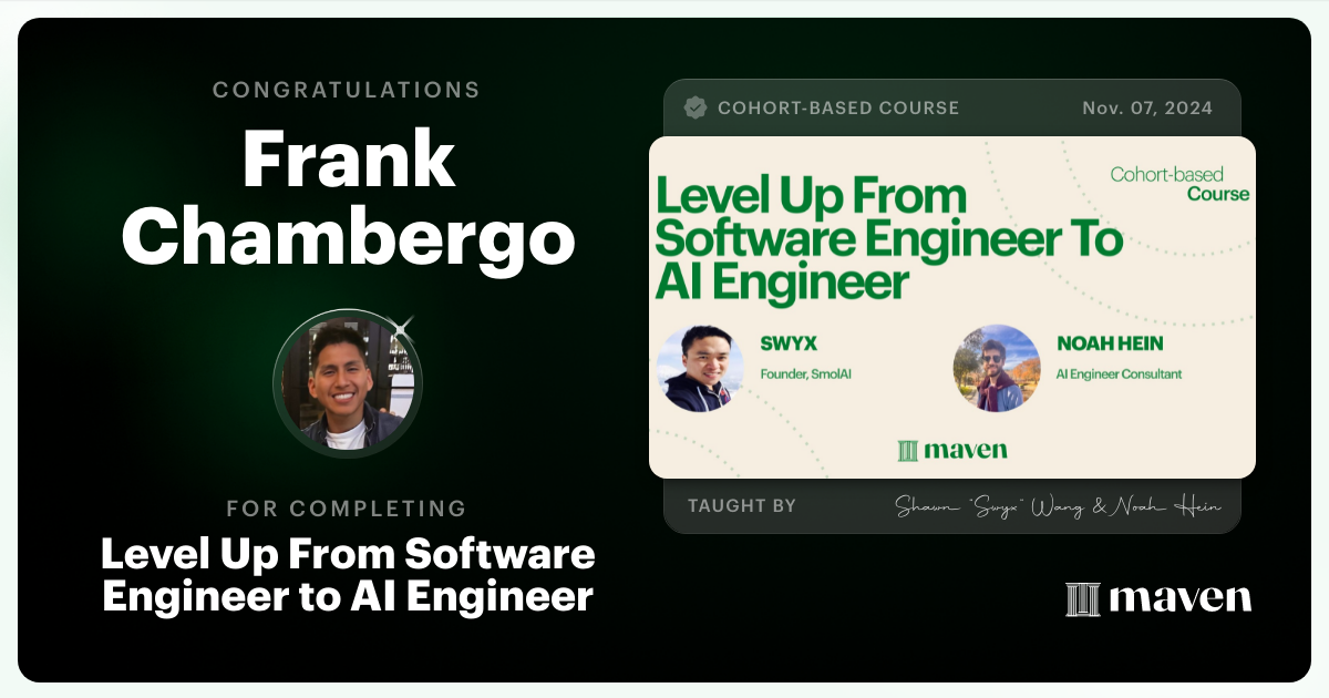 Certificate of Completion for Level Up From Software Engineer to AI Engineer