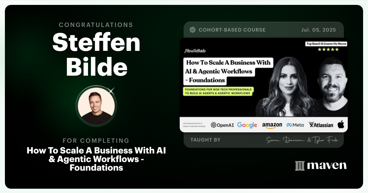 Certificate of Completion for How To Scale A Business With AI & Agentic Workflows - Foundations