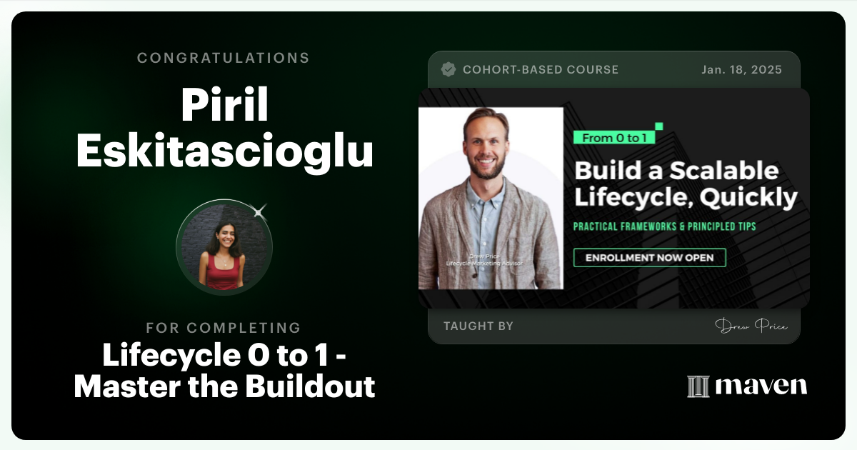 Certificate of Completion for Lifecycle 0 to 1 - Master the Buildout