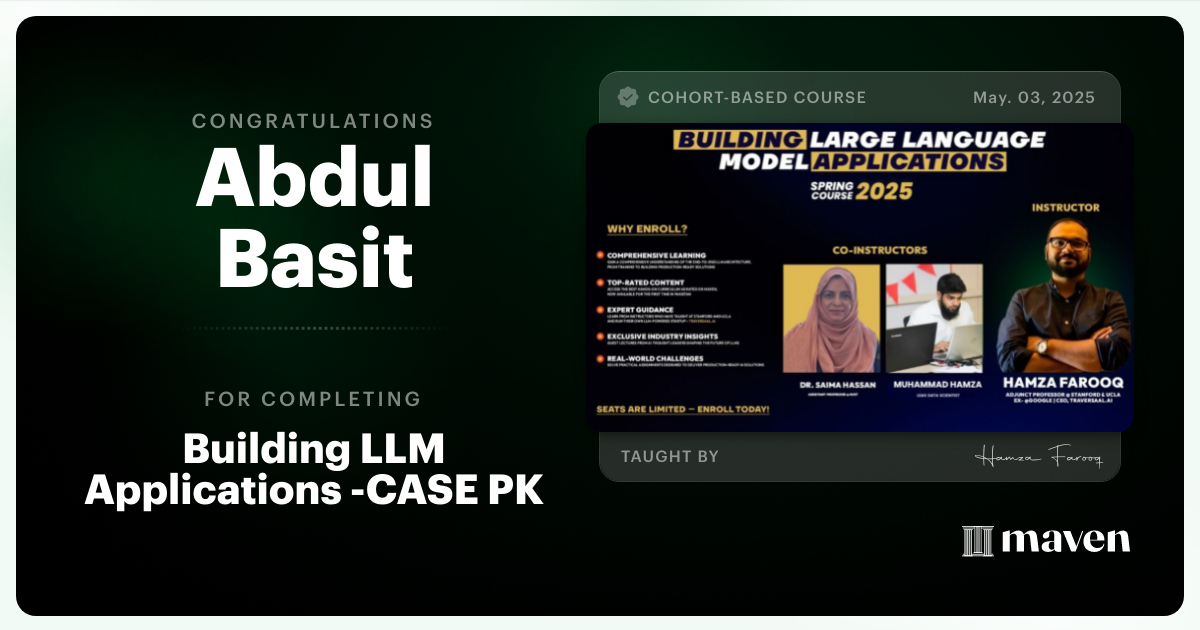 Certificate of Completion for Building LLM Applications -CASE PK