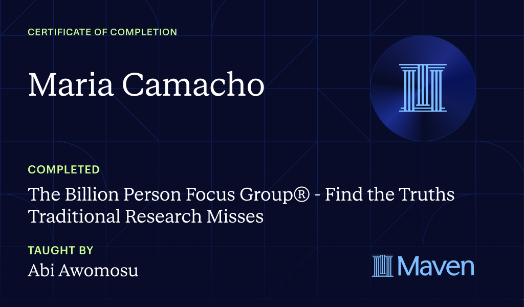 Certificate for The Billion Person Focus Group® - Find the Truths Traditional Research Misses