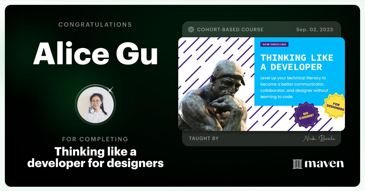 Certificate of Completion for Thinking like a developer for designers