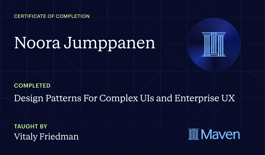 Certificate for Design Patterns For Complex UIs and Enterprise UX