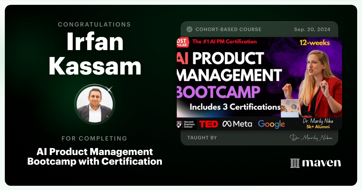 Certificate of Completion for AI Product Management Bootcamp & Certification by AI Product Academy