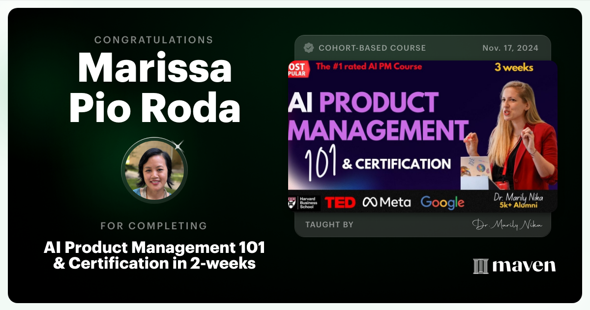 Certificate of Completion for AI Product Management 101 & Certification - Building AI Products end-to-end