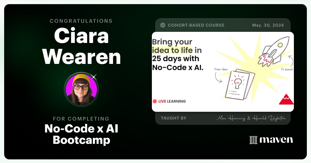 Certificate of Completion for No-Code x AI Bootcamp