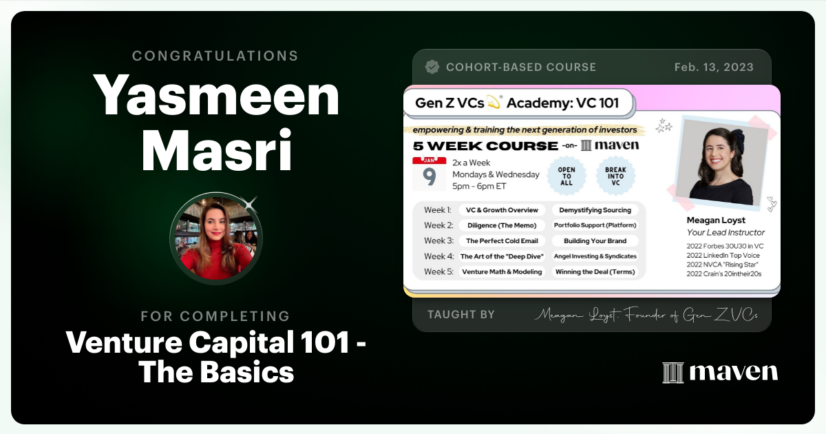 Certificate of Completion for Venture Capital 101 - The Basics