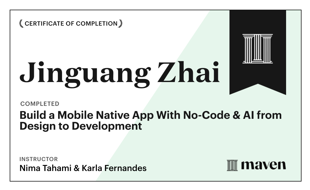 Certificate for Build a Mobile Native App With No-Code & AI from Design to Development