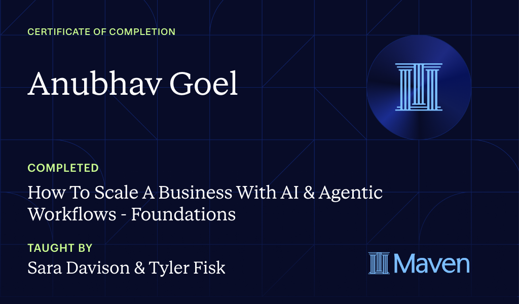 Certificate for How to Scale A Business With Agentic Workflows by AI Build Lab