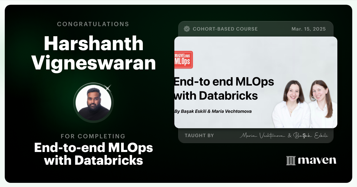 Certificate of Completion for End-to-end MLOps with Databricks