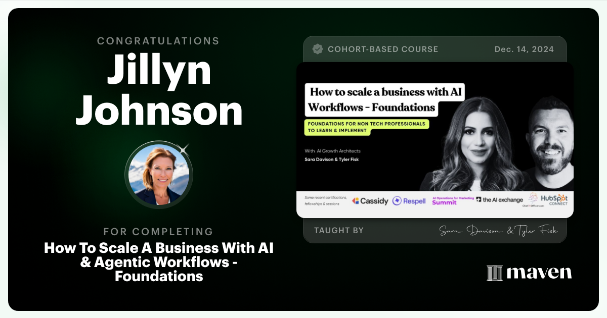 Certificate of Completion for How To Scale A Business With AI & Agentic Workflows - Foundations