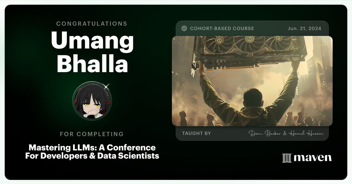 Certificate of Completion for Mastering LLMs For Developers & Data Scientists