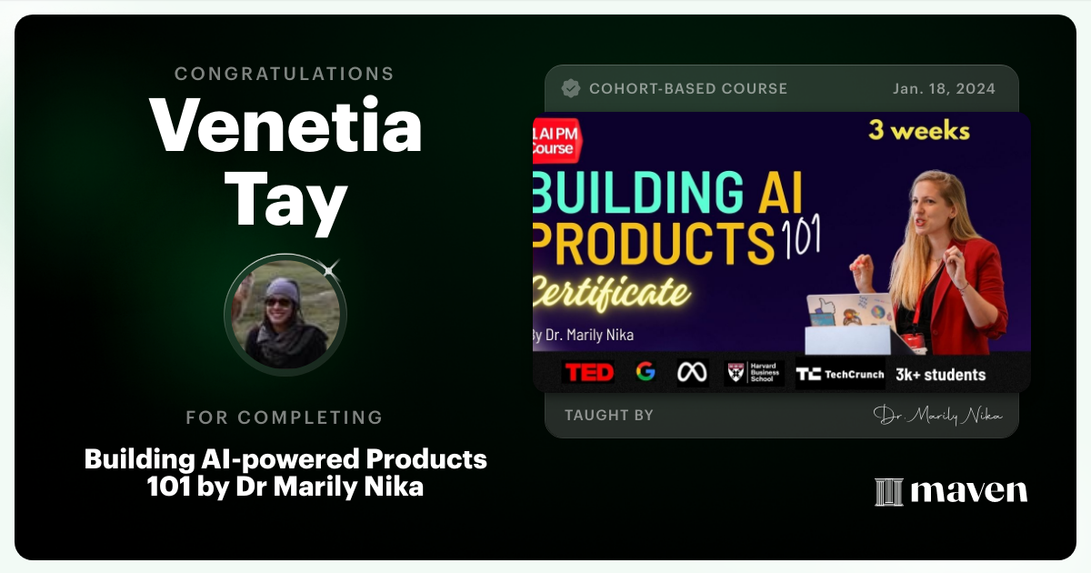 Certificate of Completion for AI Product Management 101 & Certification - Building AI Products end-to-end