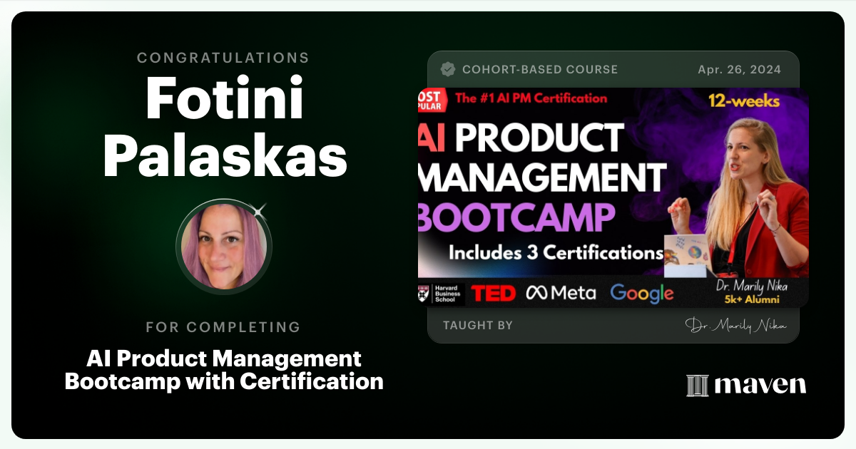 Certificate of Completion for AI Product Management Bootcamp & Certification by AI Product Academy