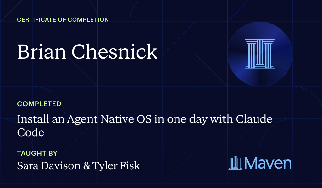 Certificate for Install an AI Agent Team + HQ in One Day with Claude Code (w/o Coding Skills)