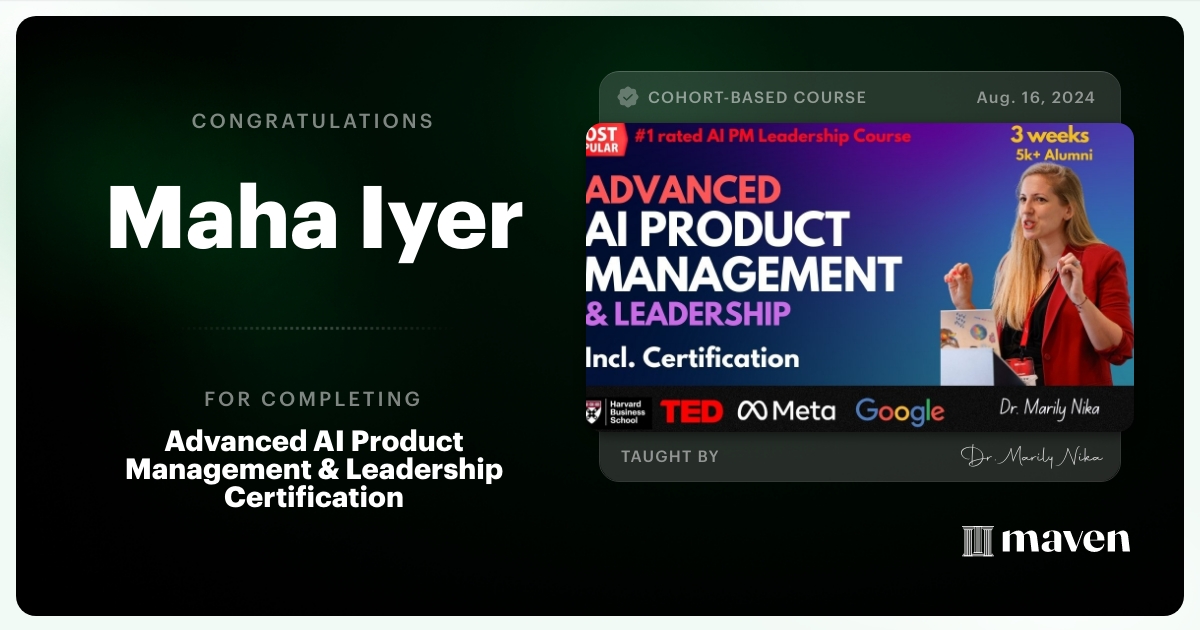 Certificate of Completion for Advanced AI Product Leadership Certification
